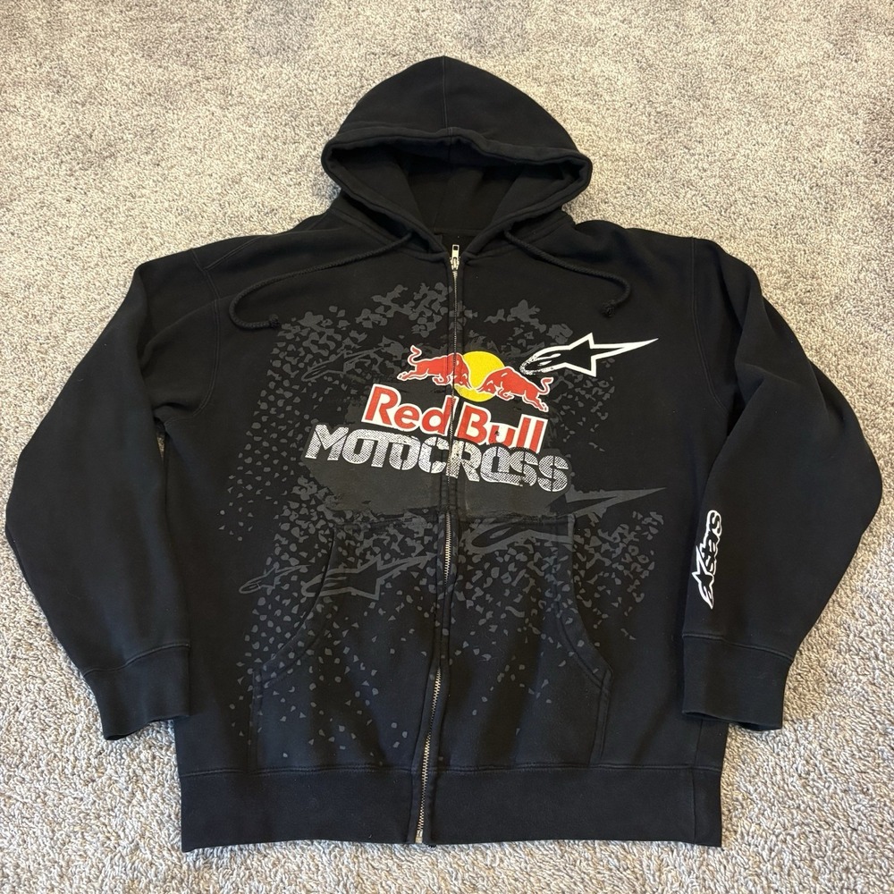 Vintage Alpinestars Faded Red Bull Motocross Racing Zip Hoodie Black Medium Y2K